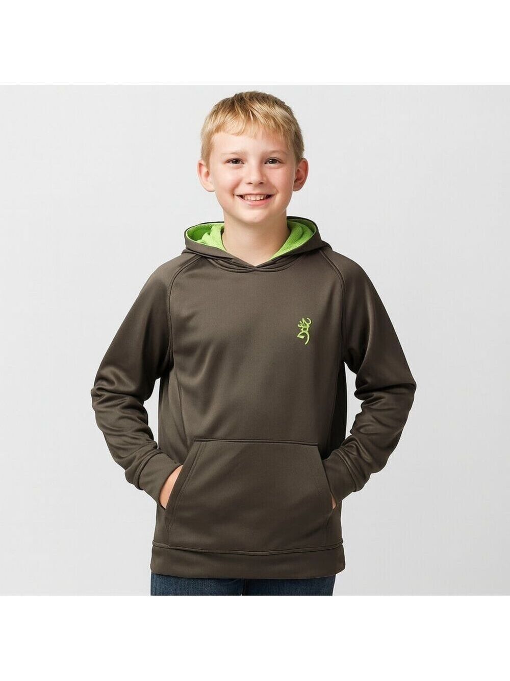 Browning Boys Gray Hoodie Size M – Green Hood Lining & Logo